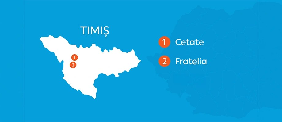 Harta judetului Timis cu localitatile Cetate si Fratelia marcate, parte din reteaua de distributie a energiei electrice pe reteleelectrice.ro